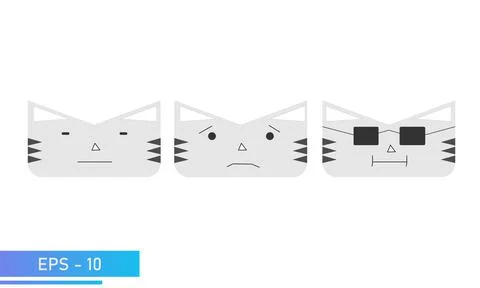 Simple cat or tiger face with emotions, indifferent, cute, cool. Icon. Isolated Stock Illustration
