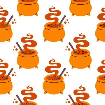 Simple cauldron hand drawn Halloween seamless pattern on white background Stock Illustration
