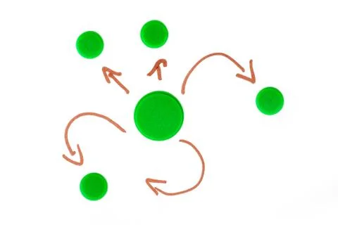 Simple centralized networking symbol, arrows. Network with central point, nodes Foto stock