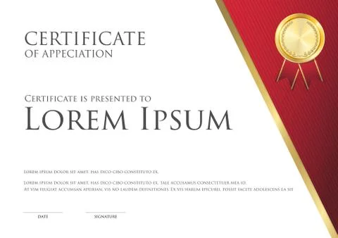 Simple certificate card template white and red theme with gold badge Stock Illustration