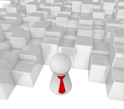 Simple character with tie in front of cubes disorder - 3d illustration Stock Illustration