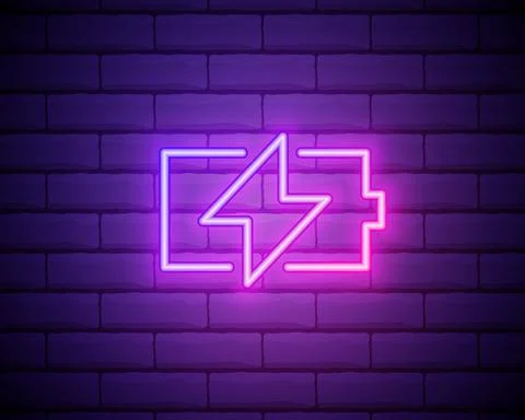 Simple charge battery, charging level. Neon style. Light decoration icon. Bri Stock Illustration
