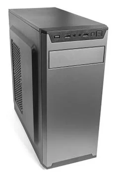 Simple cheapest black miditower pc case isolated on white background Stock Photos