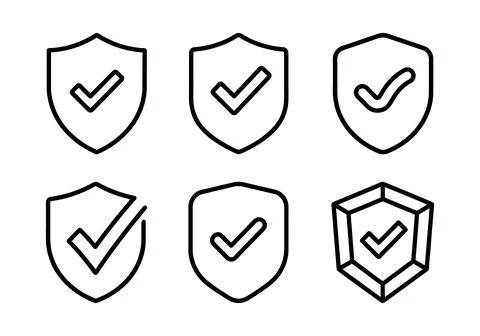 Simple checkmark inside shield icons set Stock Illustration