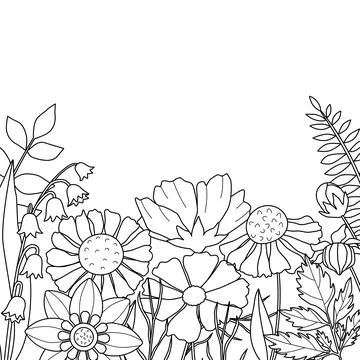 Simple childrens coloring page with cute flowers. Illustration with frame Stock Illustration