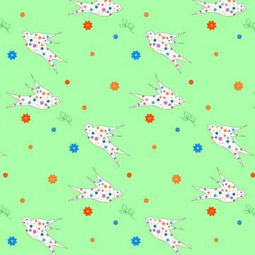 A simple children's pattern with flying swallows in a floral print. Vector se Stock Illustration