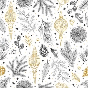 Simple Christmas seamless pattern. Snowflakes with different ornaments. On black イラスト素材