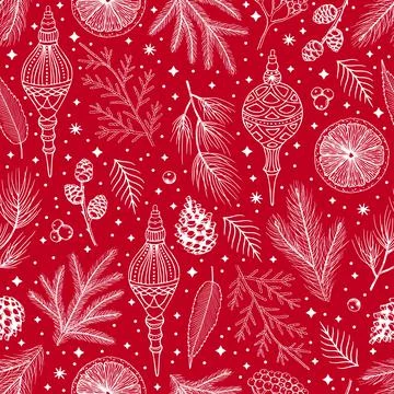 Simple Christmas seamless pattern. Snowflakes with different ornaments. On black Stock Illustration