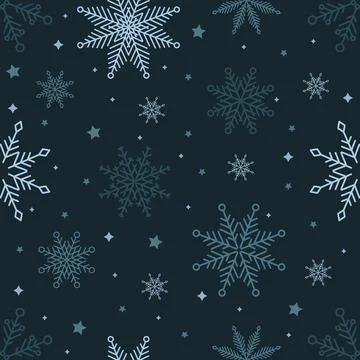 Simple Christmas seamless pattern. Snowflakes with different ornaments. On black Stockillustratie