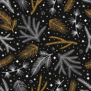 Simple Christmas seamless pattern. Snowflakes with different ornaments. On black イラスト素材