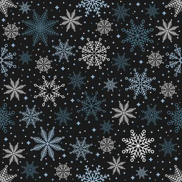 Simple Christmas seamless pattern. Snowflakes with different ornaments. On black Stockillustratie