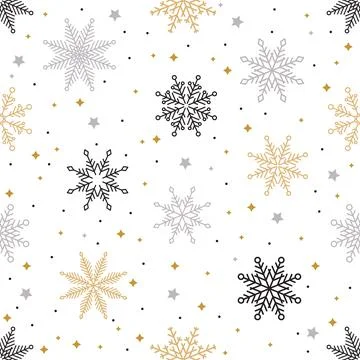 Simple Christmas seamless pattern. Snowflakes with different ornaments. On white Stock Illustration