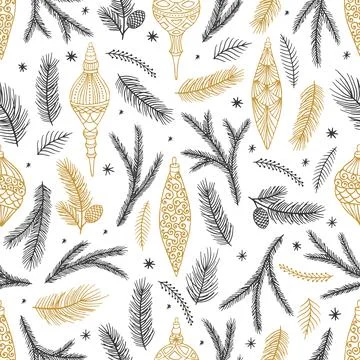 Simple Christmas seamless pattern. Snowflakes with different ornaments. On black Stock Illustration