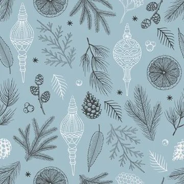 Simple Christmas seamless pattern. Snowflakes with different ornaments. On black Stockillustratie