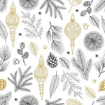 Simple Christmas seamless pattern. Snowflakes with different ornaments. On black Stockillustratie