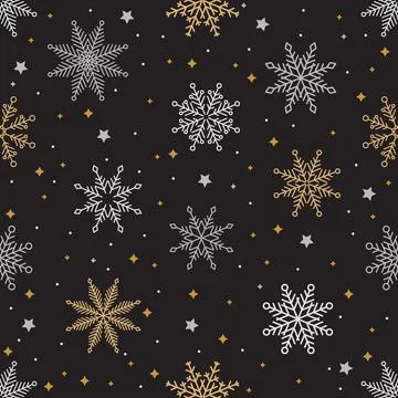Simple Christmas seamless pattern. Snowflakes with different ornaments. On black Stock Illustration