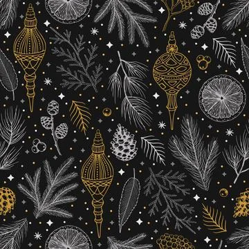 Simple Christmas seamless pattern. Snowflakes with different ornaments. On black Stockillustratie
