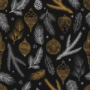 Simple Christmas seamless pattern. Snowflakes with different ornaments. On black Stockillustratie