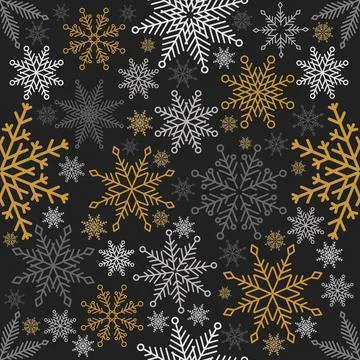 Simple Christmas seamless pattern. Snowflakes with different ornaments. On black Stockillustratie