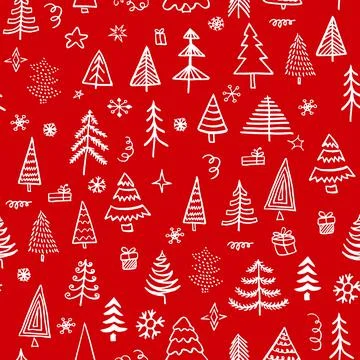 Simple Christmas tree seamless vector patterns. White tree isolated on a dark Stock Illustration