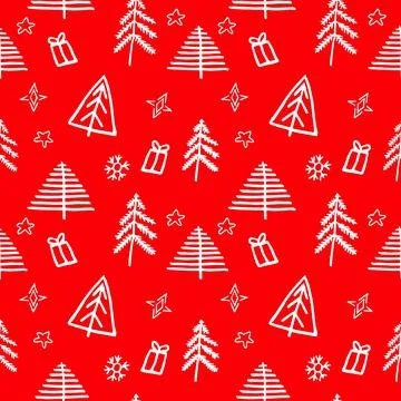 Simple Christmas tree seamless vector patterns. White tree isolated on a dark Stock Illustration
