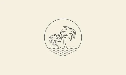Simple circle lines with coconut tree and water sea logo vector icon symbol.. Illustrazione stock
