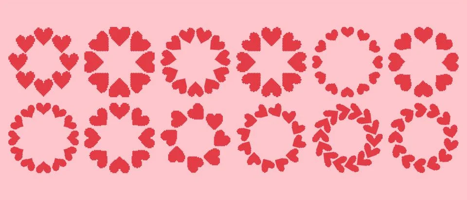 Simple circular frame set made of red pixel hearts arranged in a clean, modern Stock Illustration
