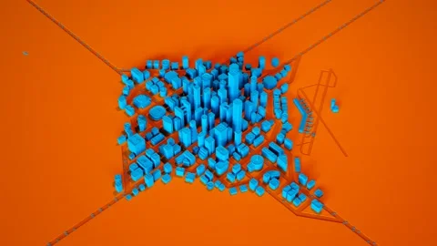 Simple city made of blue blocks. Buildings, houses, airport and roads. Traffic. Video stock 202282834