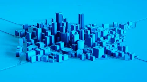 Simple city made of blue blocks. Buildings, houses, airport and roads. Traffic. Video stock 202282941