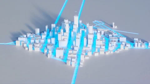 Simple city made of white blocks. Buildings, houses, airport and roads. Traffic. Video stock 202283209