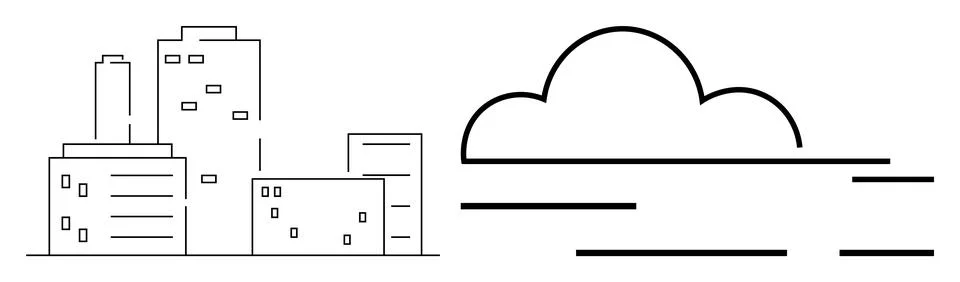 Simple Cityscape with Buildings and Cloud in Clean Line Art Ilustración de archivo