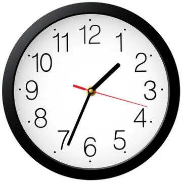 Simple classic black and white round wall clock isolated on white. Raster ill Stock Illustration