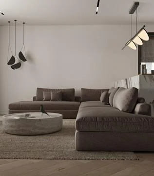 Simple classic minimalism white gray interior livingroom with stone table, lamp Stock-Illustration