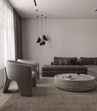 Simple classic minimalism white gray interior livingroom with stone table, lamp Illustrazione stock