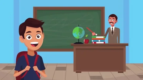 Simple classroom illustration featuring a desk, globe, and chalkboard. Stock Footage 297532585