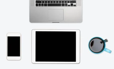 Simple clean white desktop with electronic equipment Modern computing equi... Stock Photos