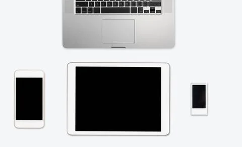 Simple clean white desktop with electronic equipment Modern computing equi... 写真素材