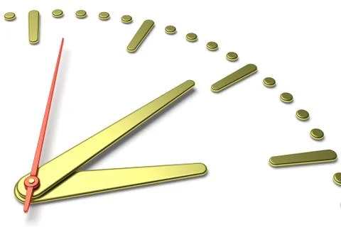 Simple clock face with yellow metal hands and marks, diagonal view Stock Illustration