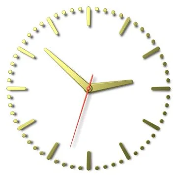 Simple clock face with yellow metal hands and marks and red second hand Stock Illustration
