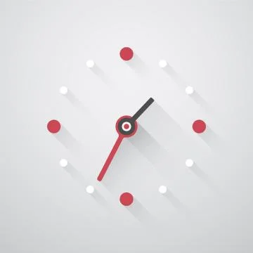 Simple clock with red and white dots and long shadows Illustrazione stock