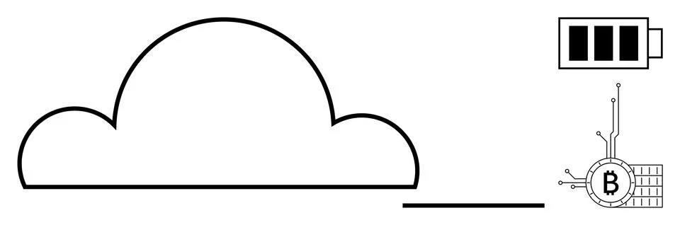 Simple cloud image with battery icon and Bitcoin chip. Ideal for information  Illustrazione stock