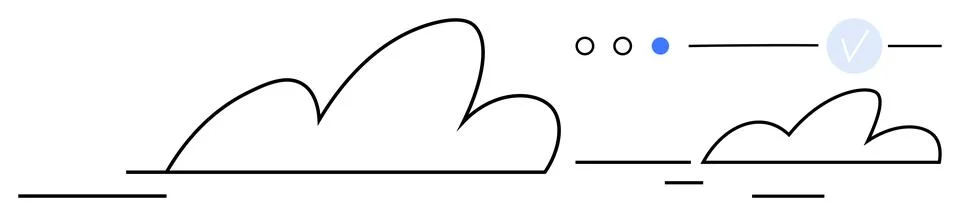 Simple cloud line art with loading indicator and check mark. Ideal for techno Stock Illustration