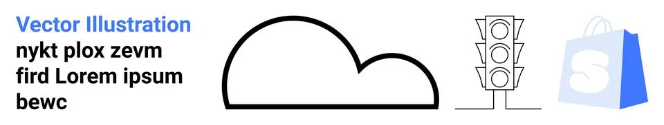 A simple cloud outline next to a traffic light and a blue shopping bag. Ideal Stock Illustration