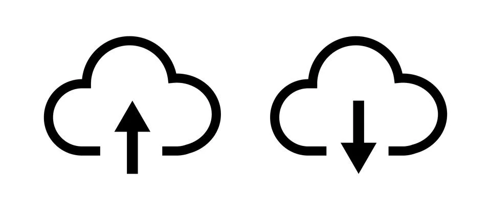 Simple cloud upload and cloud download icon set. Vector. Illustrazione stock
