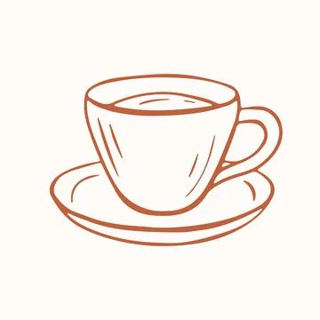 Simple coffee or tea cup on saucer . Hand drawn doodle style brown line art Stock Illustration