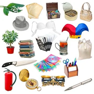 Simple collage of isolated objects on white background Stock-Fotos