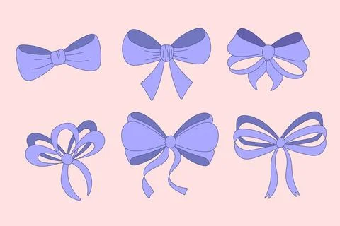 A simple collection of hand drawn ribbon bows. Bow decoration, blue purple .. Stock Illustration