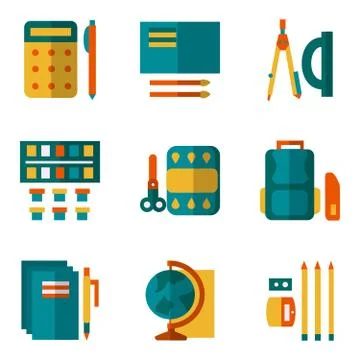 Simple color vector icons set for school supplies Stock-Illustration