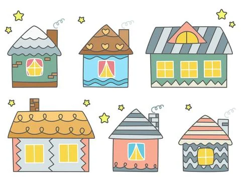 Simple colored hand drawn house set Stock Illustration