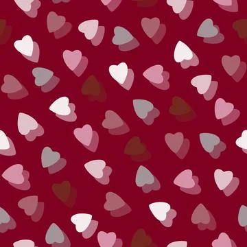 Simple colorful hearts seamless pattern chaotic red background Illustrazione stock